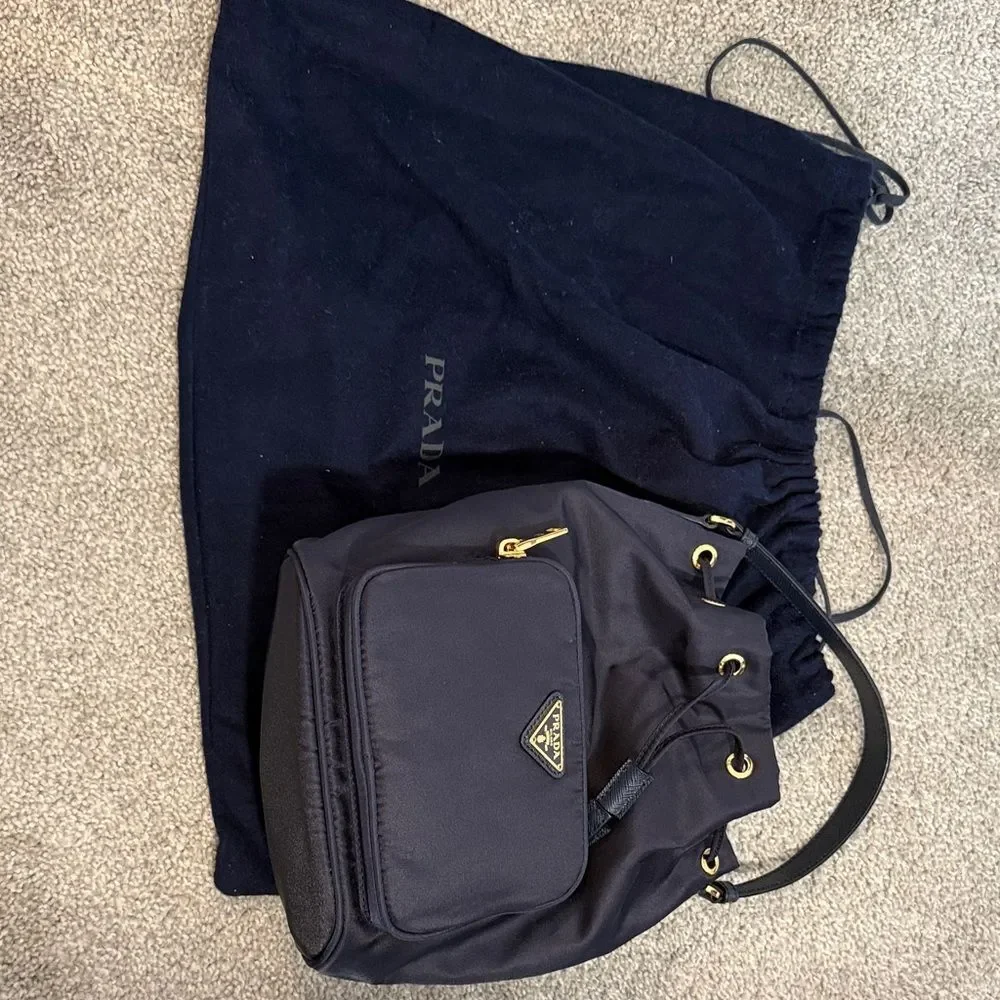 Prada Navy Blue Hobo Bag with Gold Accents